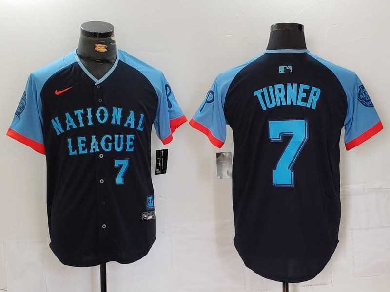 Mens Philadelphia Phillies #7 Trea Turner Number Navy 2024 All Star Limited Stitched Jersey